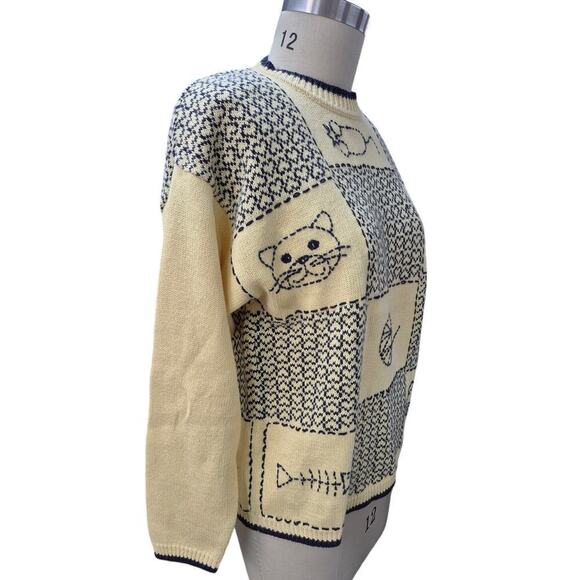 Vtg Cat Lady sweater Christopher & Banks Cotton Yellow Navy Blue Heart/Cats Sz L - Picture 2 of 4